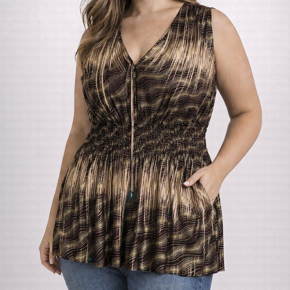 Seven Islands Brown Gold‎ Abstract Sleeveless V Neck Blouse Womens Plus Size 1X